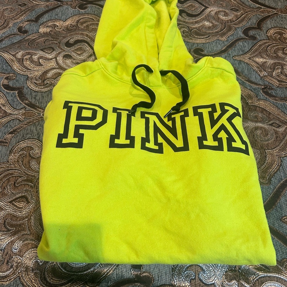 Neon Yellow Hoodie with Black Lettering Victoria Secret PINK